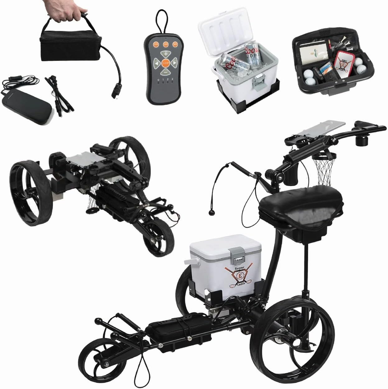 Super E Caddy The Pro Wireless Remote Control Electric Golf Cart, Built-in 6 Pack Cooler, Seat, USB Port and Holders, 12V Lithium Battery Lasts 27 Holes