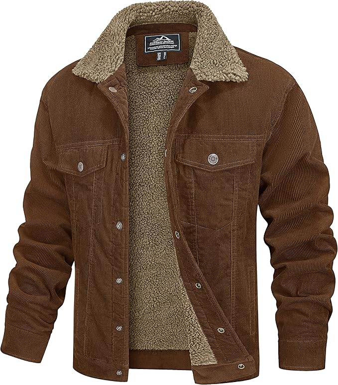 MAGCOMSEN Men's Corduroy Jacket Winter Sherpa Lined Warm Thick Trucker Cargo Coat with 5 Pockets