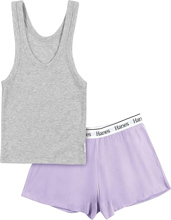 Hanes Women's Originals Comfywear Rib Crop Tank and Sleep Shorts, 2-Piece Set