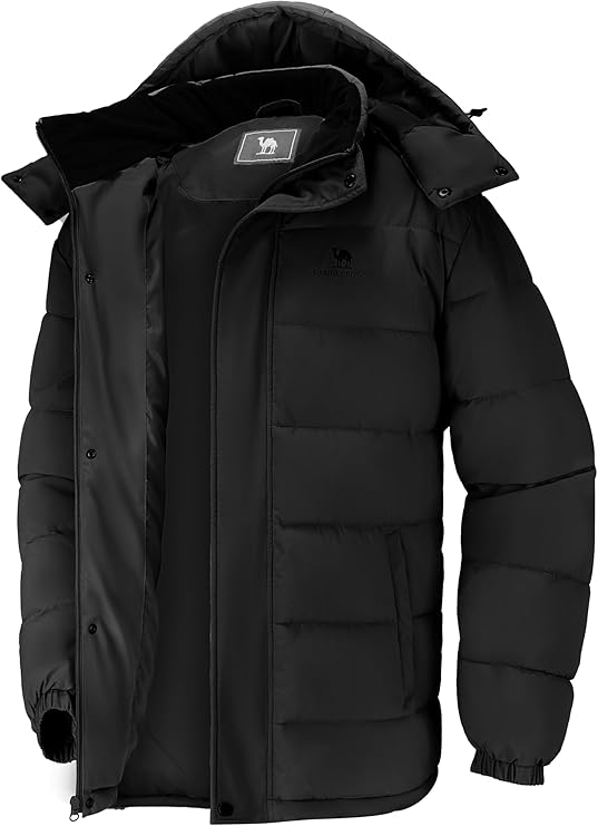 CAMELSPORTS Mens Winter Coats Warm Jacket with Detachable Hood Water-Repellent Windproof Parkas Casual Jackets