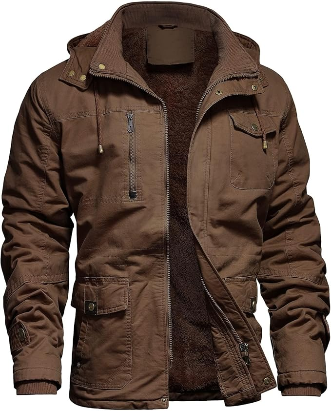 Mens Jacket Winter Casual Fleece Lined Cotton Thick Military Tactical Hooded Work Coats with Cargo Pockets