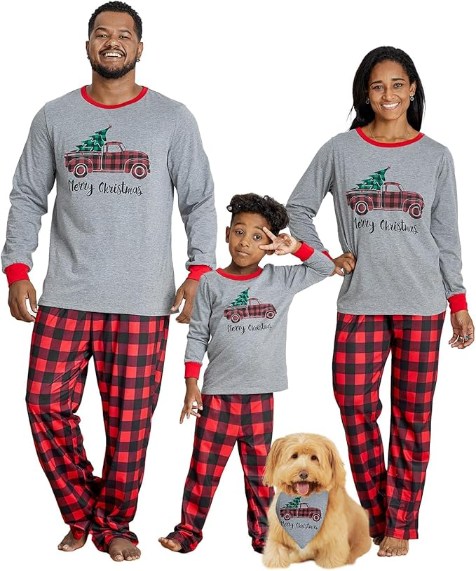 IFFEI Family Christmas Pajamas Matching Sets PJ's Sleepwear Printed Top and Plaid Pants with Pockets