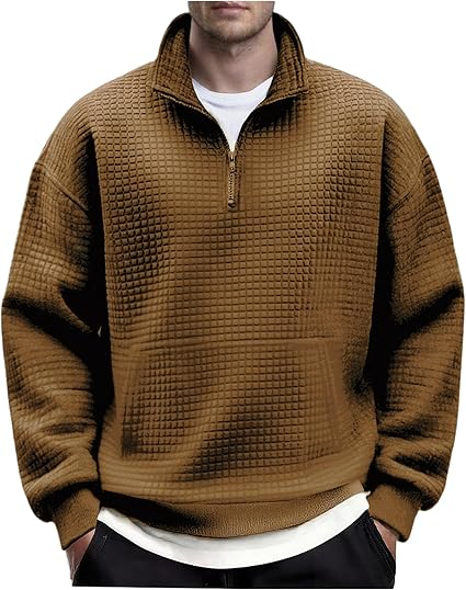 COOFANDY Mens Quarter Zip Pullover Long Sleeve Waffle Quilted Sweatshirt Casual Polo Sweaters with Pocket