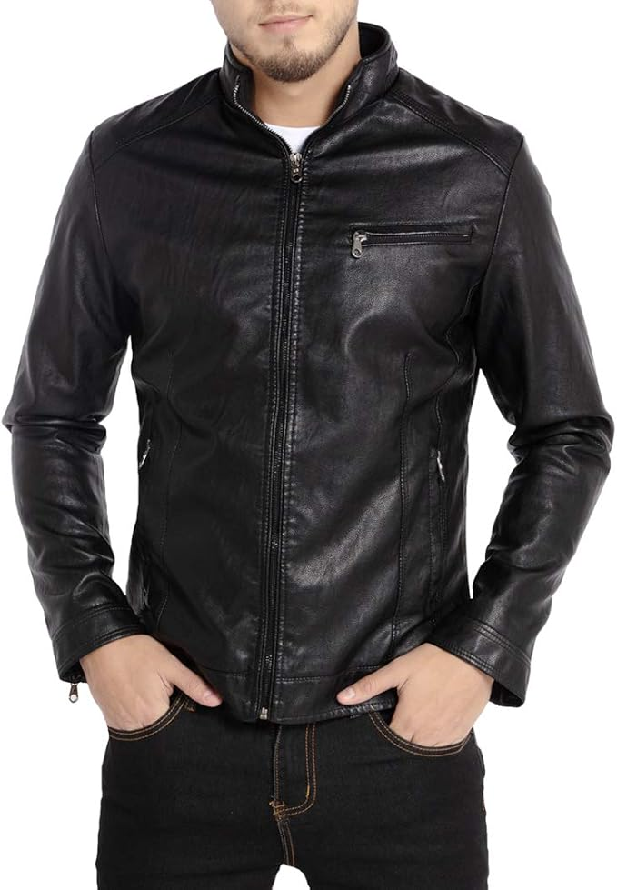 WULFUL Men's Stand Collar Leather Jacket Motorcycle Lightweight Faux Leather Outwear