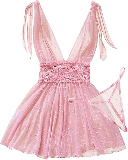 Sexy Deep V Neck Slip Mesh Polka Dots Floral Lace Sheer Babydoll Lingerie Dress 2 Piece