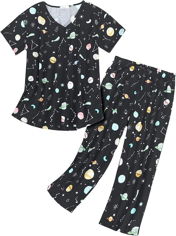 American Trends Womens Pajama Sets 2 Piece Sleep Shirt Short Sleeve Cartoon Print Pj Set Tops with Capri Pants Sleepwear