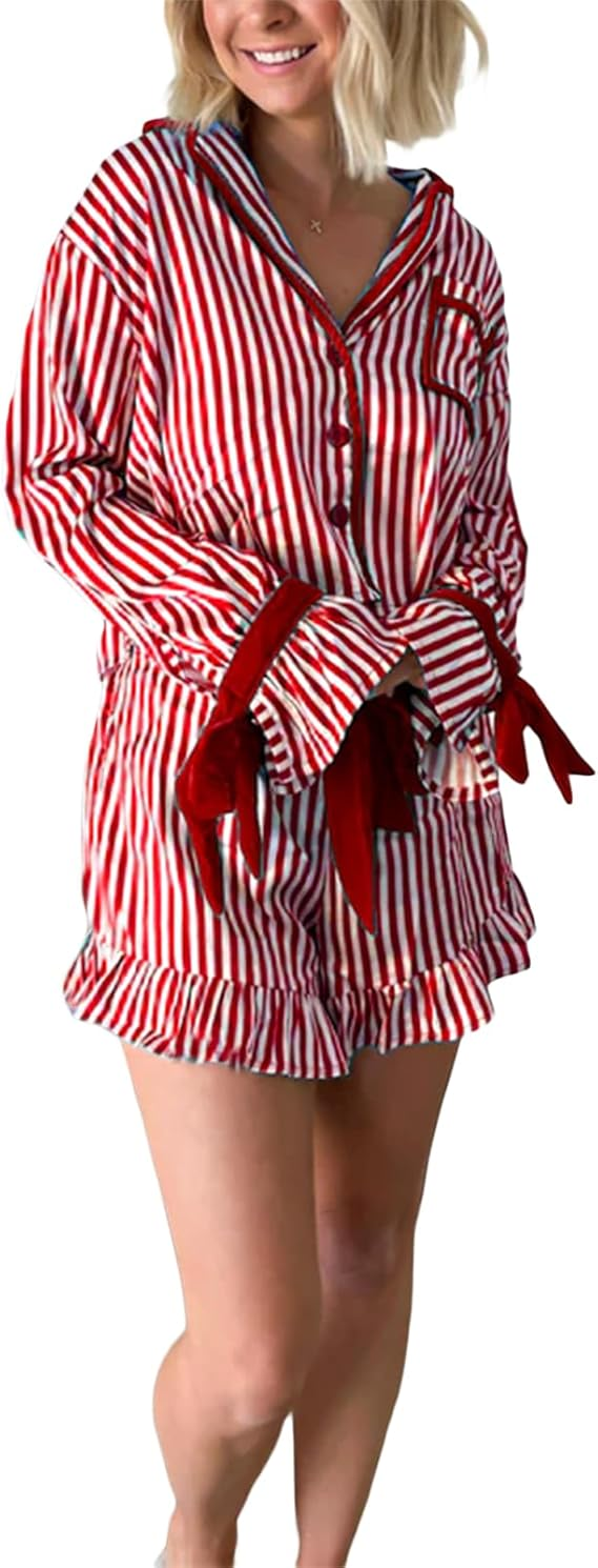 Amuver Women Christmas 2 Piece Pajama Set Striped Button Down Shirt Bow Tie Shorts Holiday Cute Pjs Lounge Sets