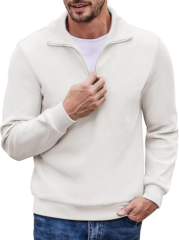 COOFANDY Men's Quarter Zip Up Pullover Mock Neck Long Sleeve Sweater Casual Corduroy Polo Sweatshirt