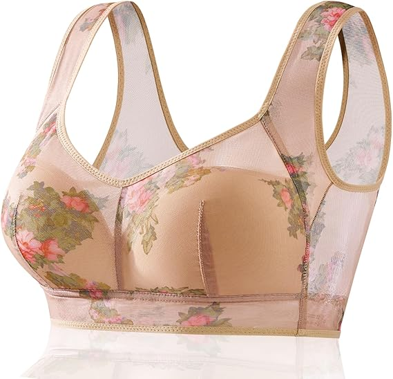 Floral Bras for Older Women Breathable Mesh T-Shirt No Wire Bra for Women Soft Plus Size Comfortable Bra