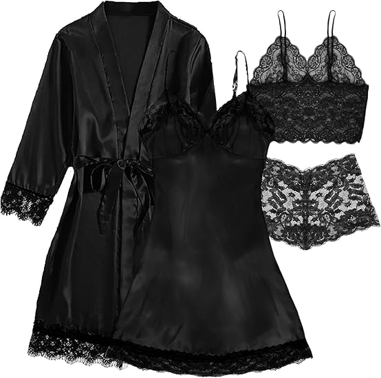 Hellomamma Women's Silk Pajama Set: 4-Piece Satin Robe Lingerie Sexy Sleepwear Lounge Set for Brida Wife Girlfriend