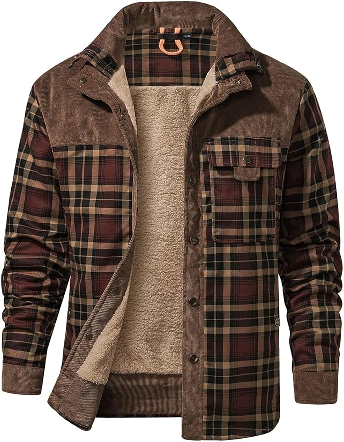 Haellun Men's Long Sleeve Sherpa Lined Shirt Jacket Flannel Plaid Fleece Coats