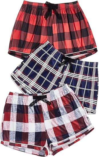 WDIRARA Women's 3 Piece Plaid Pajama Shorts Elastic Waist Tie Front Sleep Shorts