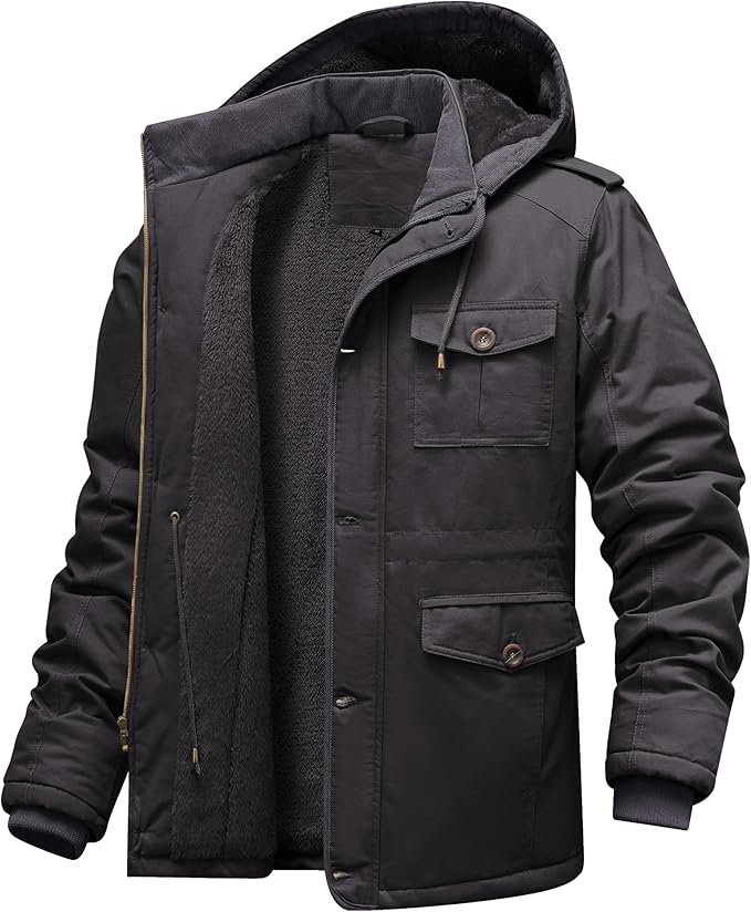 CHEXPEL Men's Winter Jackets with Hood Cotton Military Jackets Fleece Lined Thick Work Coats with Cargo Pockets