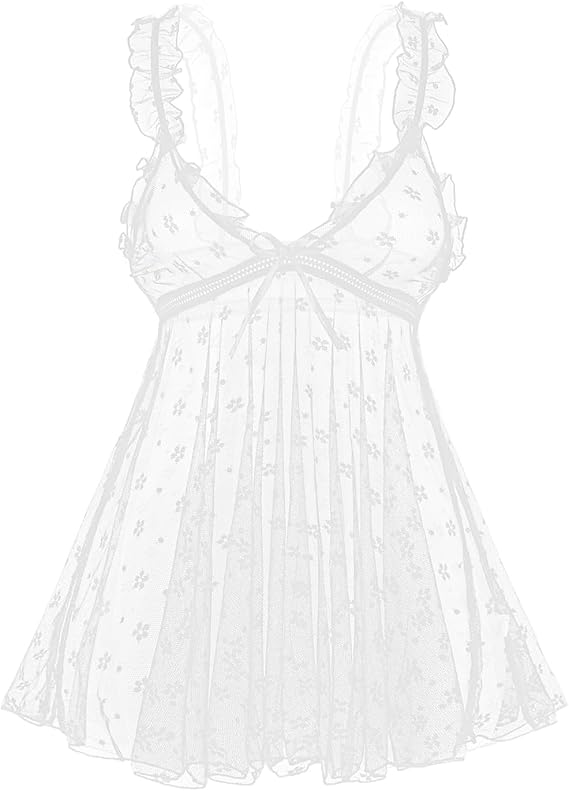 Lace Babydoll Ruffle Lingerie for Women Sexy Mini Mesh Dress Chemise Nightgown Sheer See Through Wedding Nightie